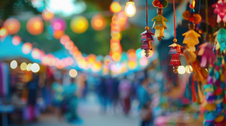 Outoffocus scenes of colorful stalls and lively music at a bustling craft fair eventの素材