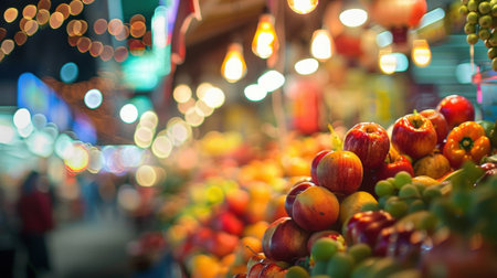 The hustle and bustle of the market is captured in a defocused sceneの素材