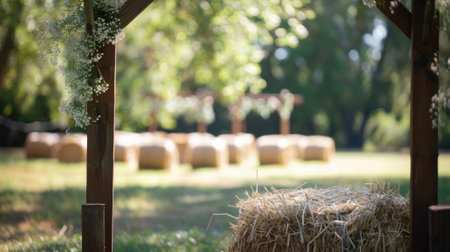 Defocused glimpse of a country style outdoor wedding featuring a wooden arch and hay balesの素材