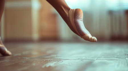 Ballet dancer standing on pointe shoes in dance studioの素材