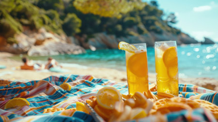 Fuzzy images of drinks and snacks on a beach blanketの素材