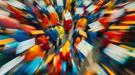 Velvety background of clashing school colors amidst a sea of blurry graduatesの素材