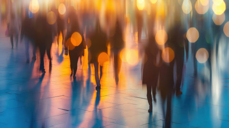 Defocused silhouettes of patrons blur together in a sea of movementの素材