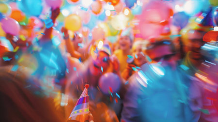 Fuzzy and indistinguishable faces wearing party hats and holding noise makers all part of the cheerful crowdの素材