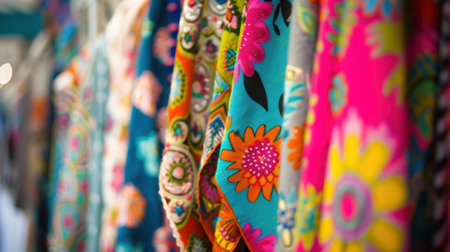 Outoffocus snapshots of vibrant textiles and whimsical designs at a bustling craft fairの素材