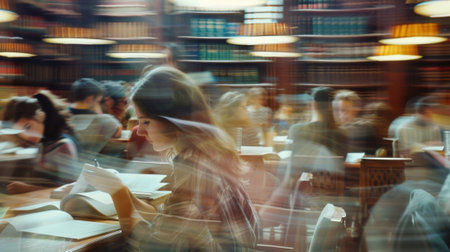 A hushed blur of studious patrons scanning through bookの素材
