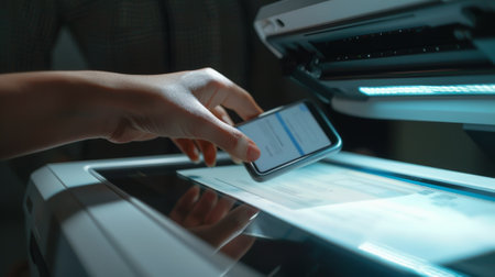 Businesswoman scanning document using smartphone in office at nightの素材
