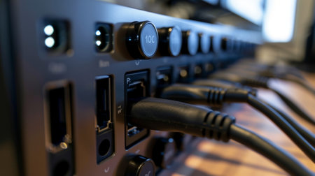 Lots of plugs being plugged into a computer serverの素材