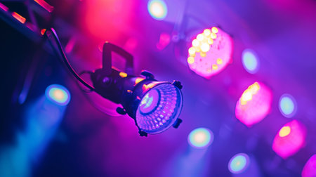 Led stage lights shining in purple smokeの素材