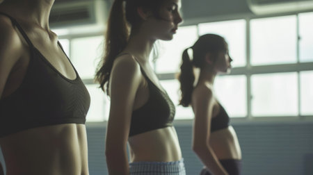 Group of women standing in fitness studio posing after workoutの素材