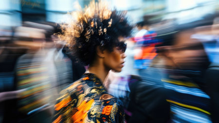 In the background blurred shapes of designers and fashion icons mingle with the crowd creating a gl chaosの素材