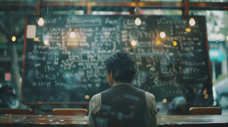 Hazy chalkboard covered in scribbled noteの素材