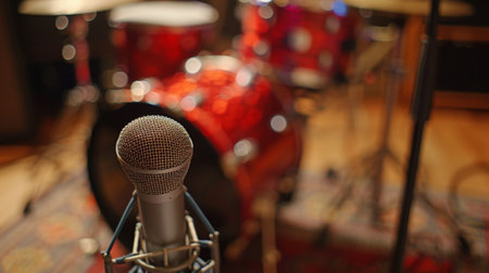 Professional condenser microphone standing in a recording studioの素材