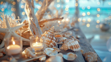 Hazy view of a beachfront nuptial with blurred images of seashells and driftwood accentsの素材