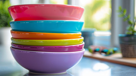 The stack of colorful mixing bowls ready to be used for baking or meal prepの素材