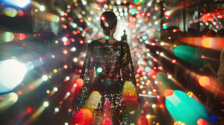 Defocused lights and dizzying patterns create a whimsical atmosphere as the fashion show reaches itsの素材