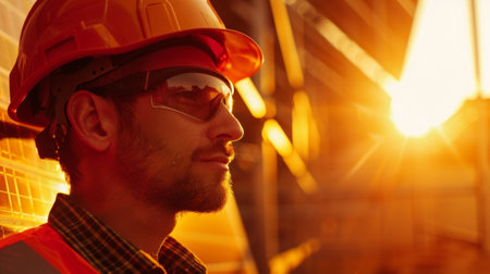 A construction worker wearing a helmet equipped with a solarpowered fan keeping them cool and reducing the need for electricity from traditional sources on siteの素材