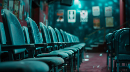 Along the walls there are posters promoting previous plays and performances adding to the theatrical ambianceの素材