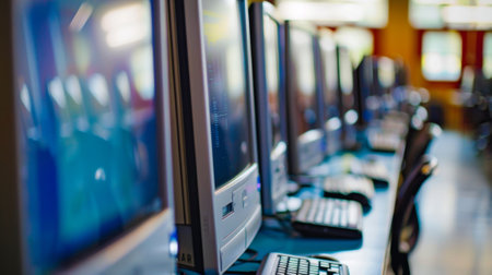 A row of computers equipped with educational software and internet access meant for students to practice their reading and writing skillsの素材