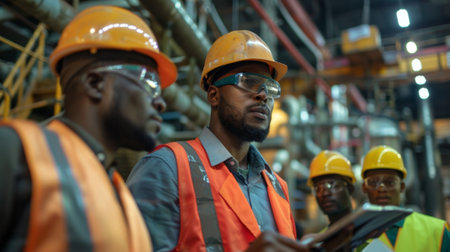 The workers listen attentively some taking notes on tablets while others lean in to offer their input on the projectの素材