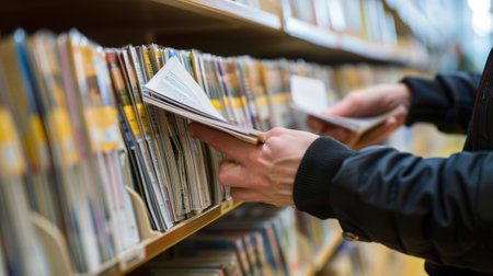 A closeup of a staff member arranging brochures and restocking the literature display ensuring visitors always have access to the most uptodate informationの素材
