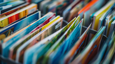 A closeup of a brochure rack featuring themed guides such as Family Fun or Outdoor Adventures catering to different interests and travel stylesの素材