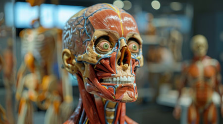 A lifesized model of the human body with interactive buttons to learn about different and systemsの素材