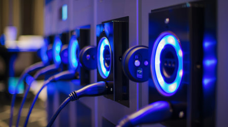 A detailed shot of the charging station in the hall equipped with multiple outlets to keep attendees devices powered during eventsの素材
