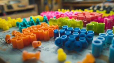 A collection of brightlycolored ear plugs neatly organized on a workbench ready to be used at the noisy construction siteの素材