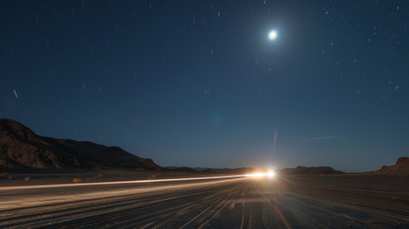 The moon and stars shining above as car headlights create light trails on the desert floor belowの素材