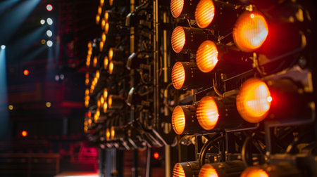 Along the back of the stage there are rows of lights and filters carefully positioned to create the perfect lighting for each sceneの素材