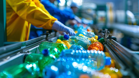 A machine sorting plastic bottles by color and type with workers monitoring and making adjustmentsの素材