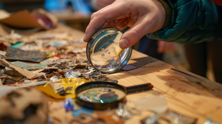 A table with magnifying glasses allowing visitors to examine recycled materials up close and learn about their compositionの素材
