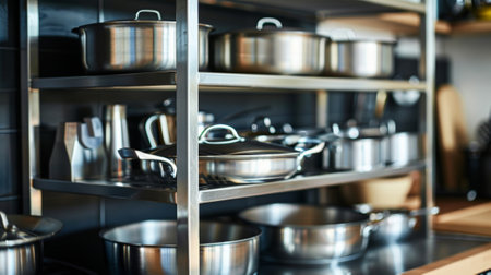 A detailed view of the custombuilt shelving unit showcasing various pots pans and cooking utensilsの素材