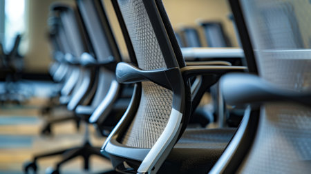 Row of empty office chairs in modern open plan officeの素材