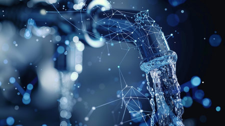 Water pouring from faucet surrounded by network representing future water technologyの素材