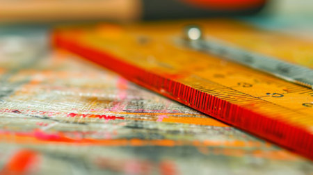 Wooden ruler lying on a colorful table representing creativityの素材