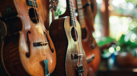 Acoustic string instruments hanging in music shopの素材