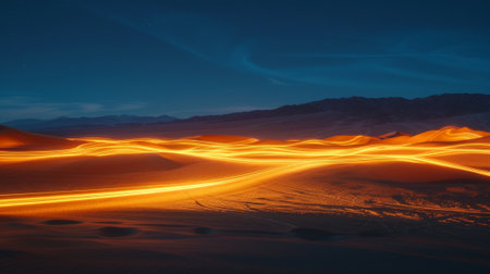 Light trails mimicking the shape of the rolling sand dunes in the desert creating an otherworldly sceneの素材