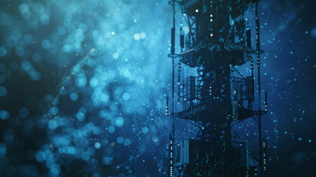 Futuristic telecommunication tower sending data through digital networkの素材