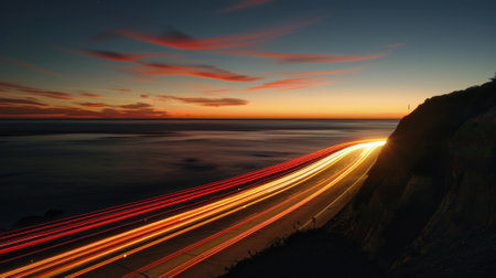 The serene waters of the ocean mirror the bright lights on the road creating an endless reflection of beautyの素材