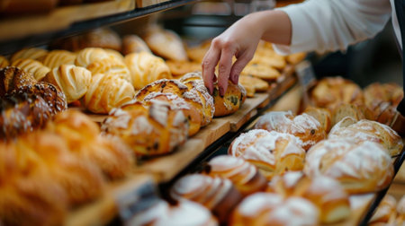 Baker woman choosing freshly baked bread in bakery shopの素材