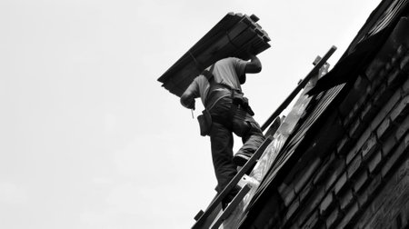 A worker carrying a heavy bundle of roofing material up the ladder to their coworkers on the roofの素材