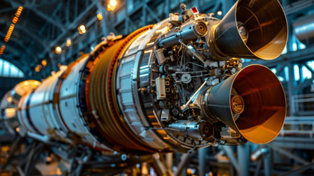 Powerful rocket engine under construction inside factoryの素材
