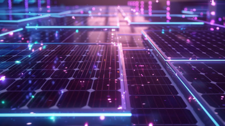 Futuristic solar panels generating clean energy in a technological landscapeの素材