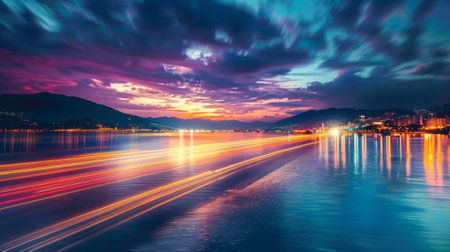 The reflection of car light trails on the shimmering surface of the water creates a surreal and dreamy atmosphere on the waterfrontの素材