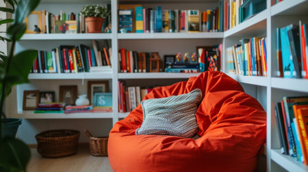 Red bean bag chair sitting in a home libraryの素材
