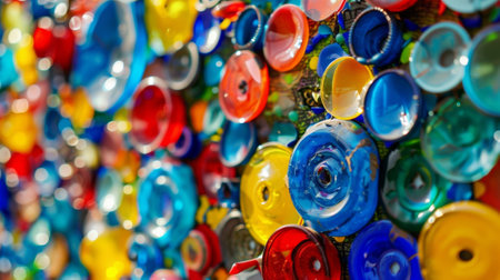 Colorful background made with recycled plastic bottles forming abstract designの素材