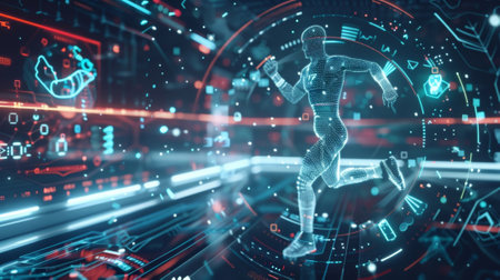 Holographic running man generating futuristic fitness data analysisの素材