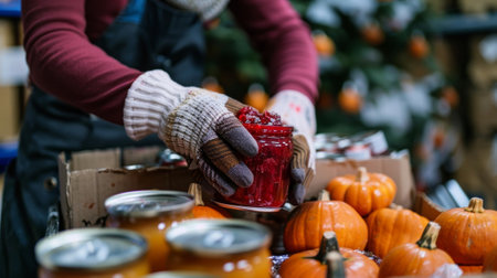 Volunteer holding jar of cranberry sauce in food bank warehouseの素材